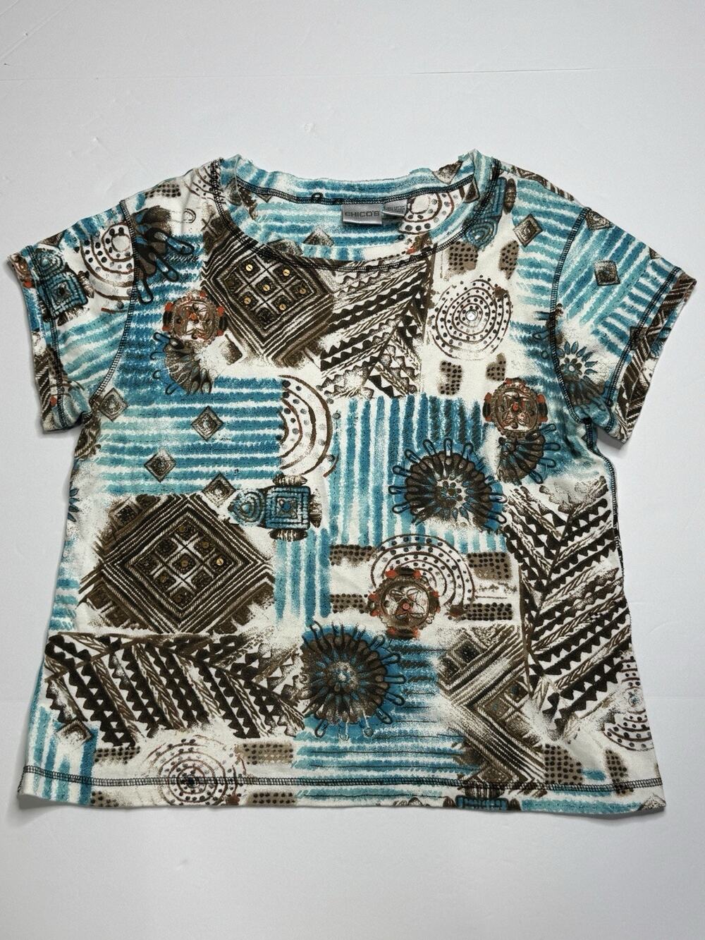 Chico’s Womens 3 16 Turquoise Brown Abstract Embellished Cotton T Shirt